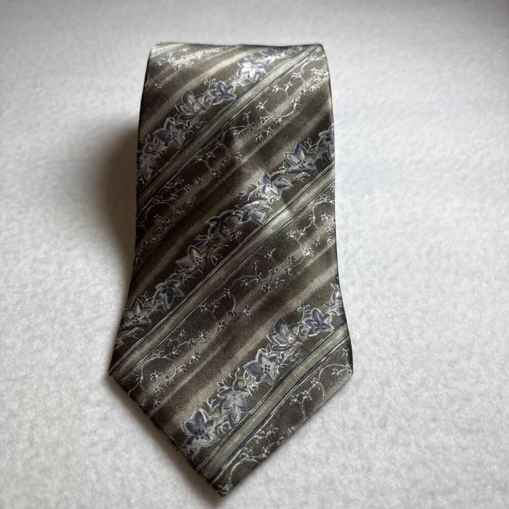 Bill Blass 100% Silk Men's Tie VTG, Brown Blue Grey Flowers‎ Stripes 58"x4"